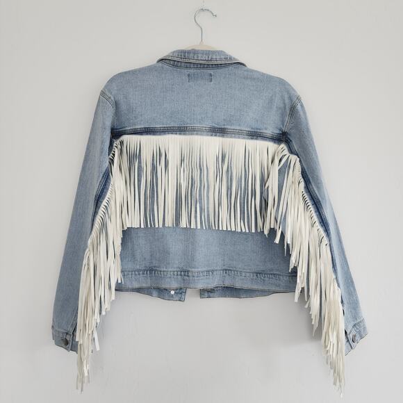 Vigoss Denim Jean Jacket Light Wash with White Fringe Size Medium - Picture 7 of 8